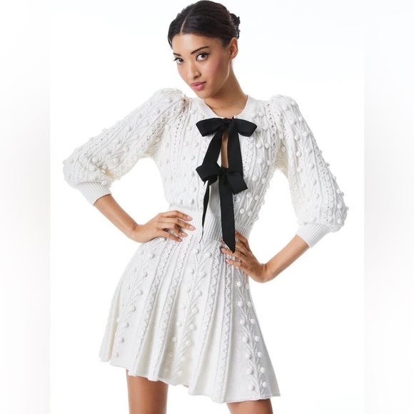 NWT Alice + Olivia Kitty Bow Front Puff Sleeve Sweater Dress XS